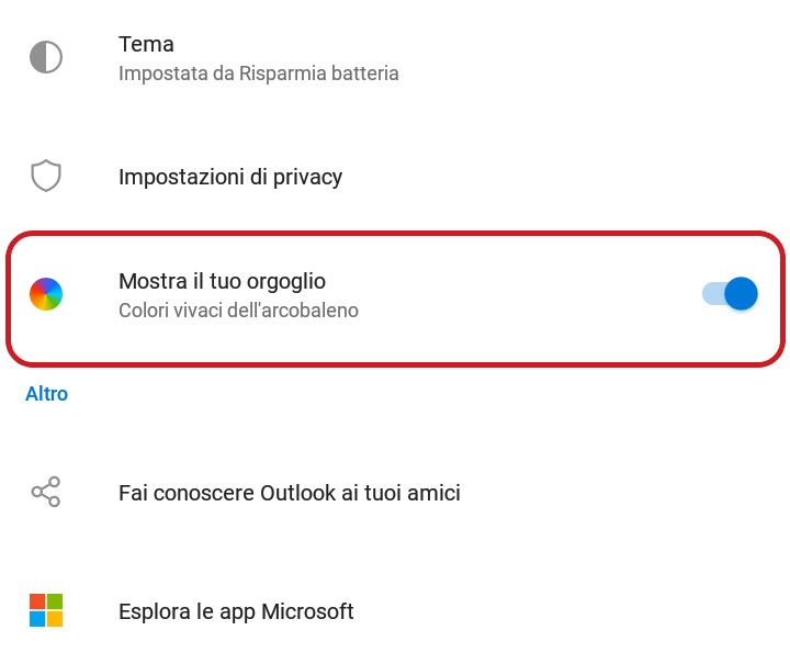 Microsoft Outlook per Android tema arcobaleno per il Pride Month 2020