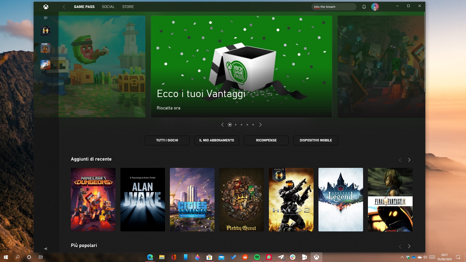 Xbox app per PC nuovo design homepage aggiornamento 2006