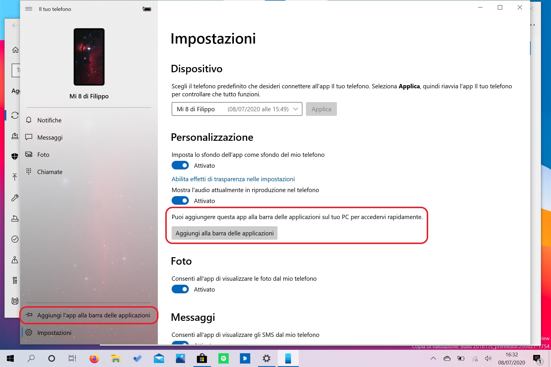 Il tuo telefono per Windows 10 nuove opzioni per aggiungere l'app alla barra delle applicazioni