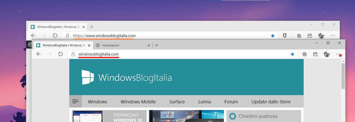 Microsoft Edge con URL parzialmente nascosto