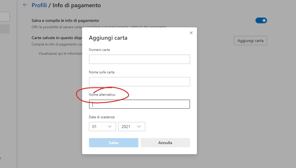 Nickname per le carte salvate in Microsoft Edge