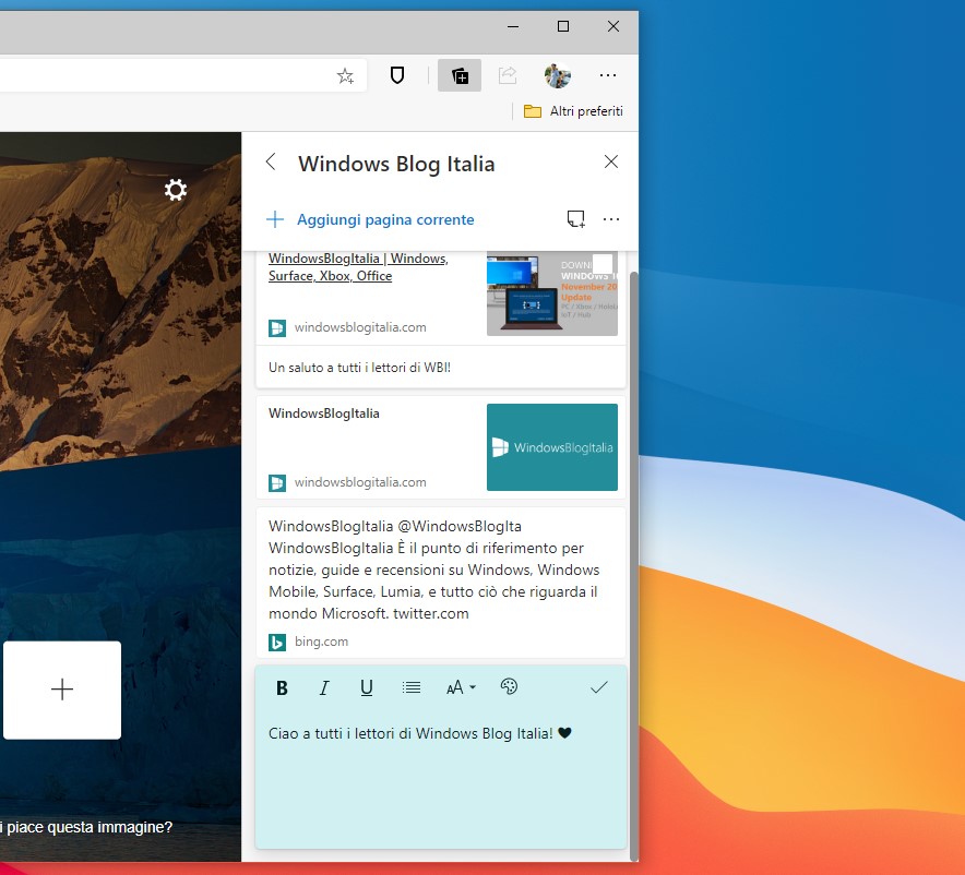 Note nelle raccolte in Microsoft Edge 84