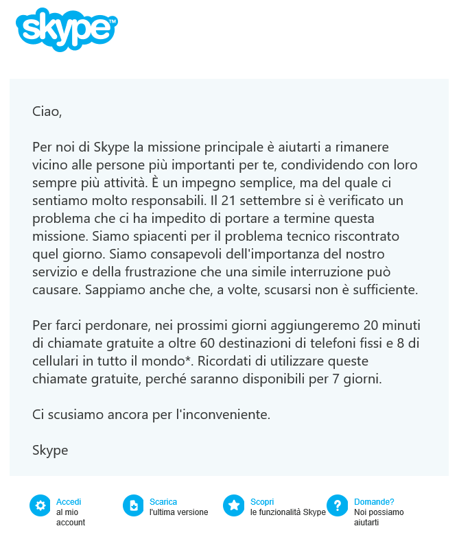 Skype - 20 minuti gratis - Disservizio 21 settembre