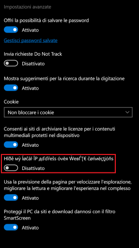 Windows 10 Mobile Build 10549 - Impostazioni Microsoft Edge