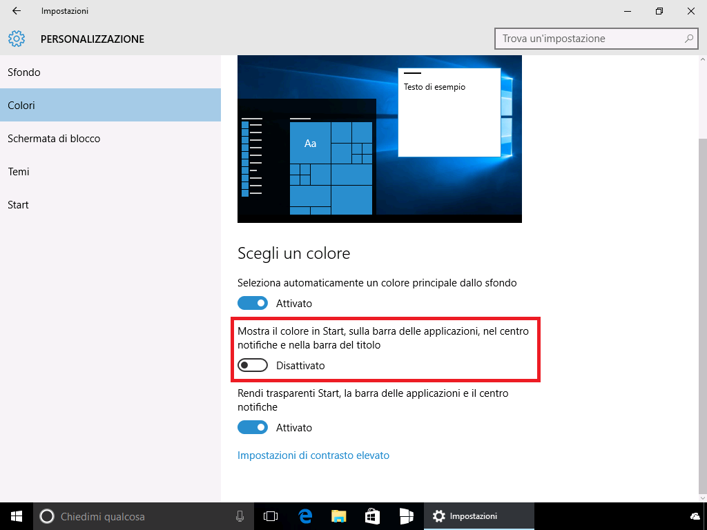 Disattivare colore in Start, taskbar e barra del titolo