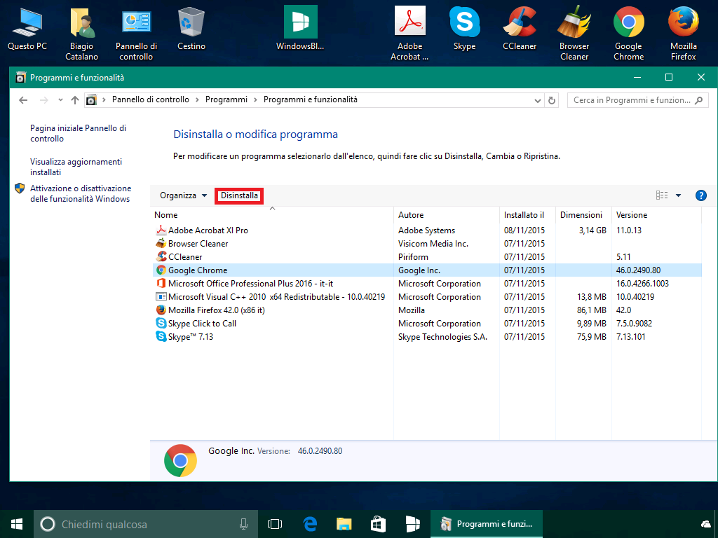 Programmi e funzionalita - Windows 10