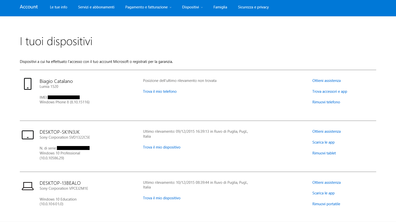 I tuoi dispositivi - Account Microsoft