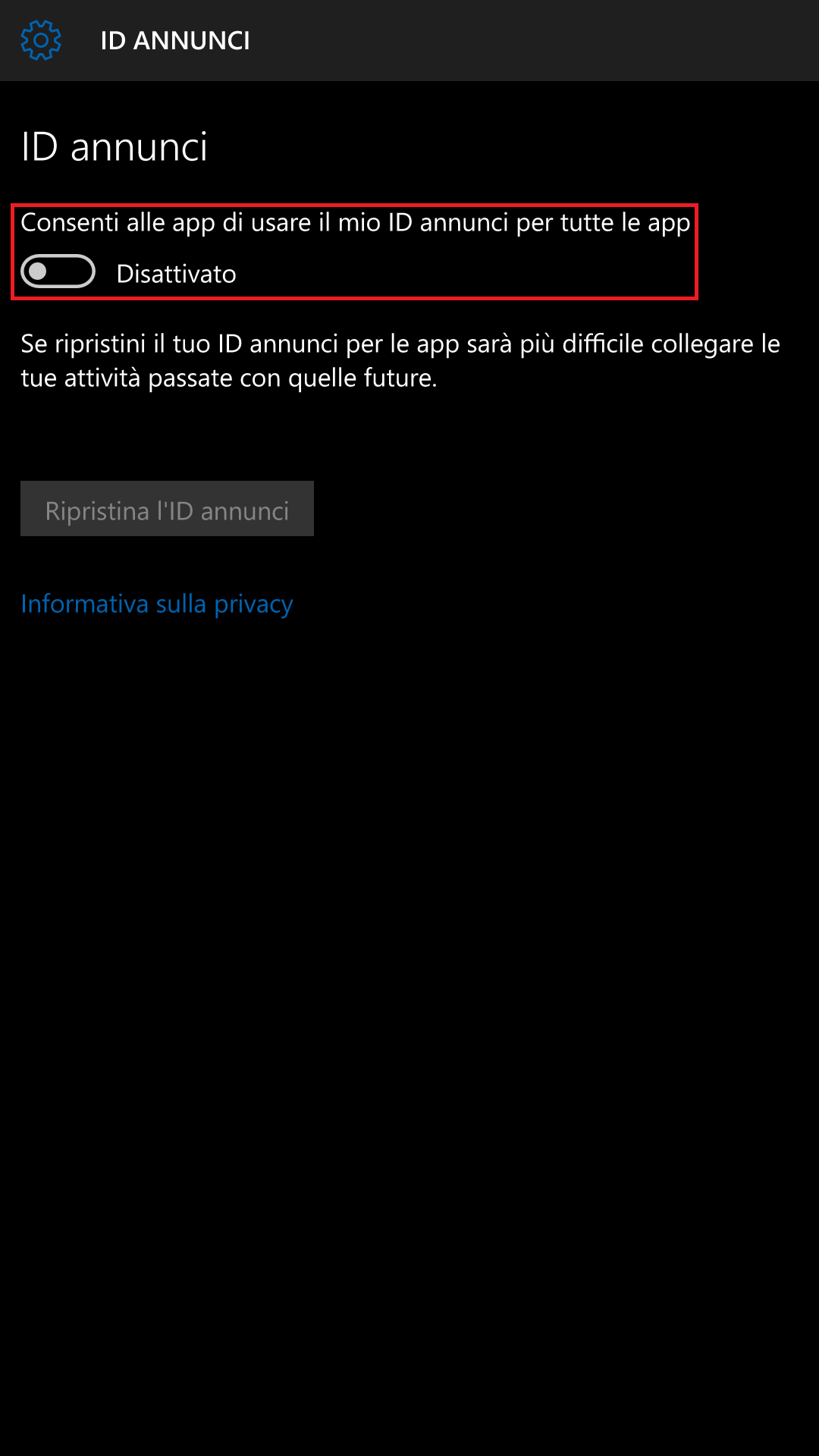 Opzioni di privacy - Windows 10 Mobile