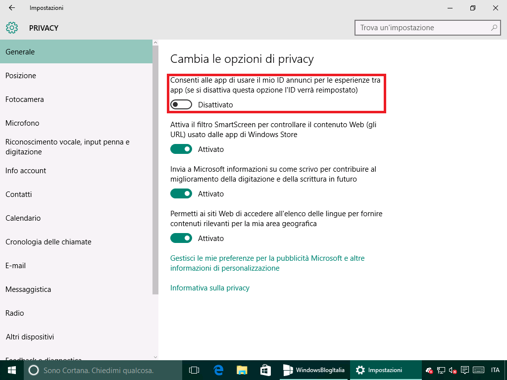 Opzioni di privacy - Windows 10