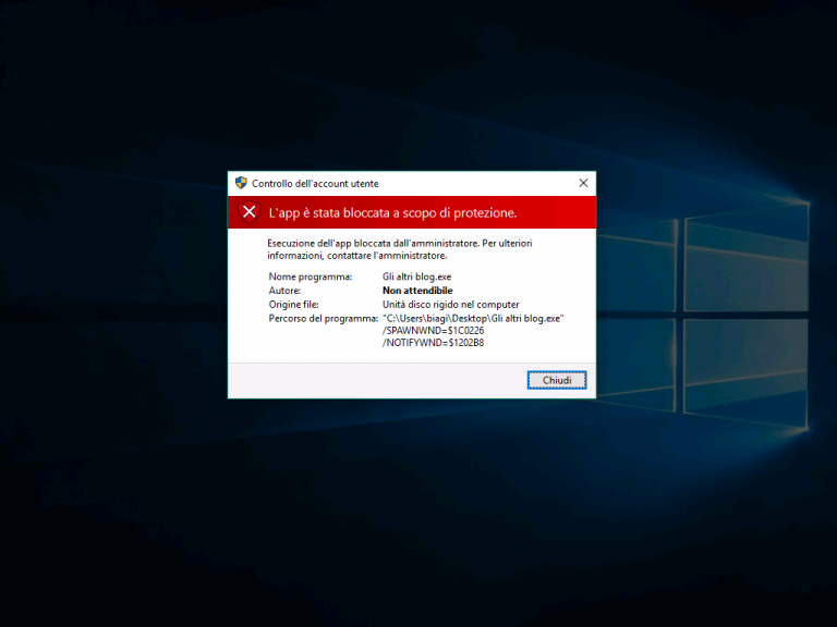 Risolvere l'errore L'app è stata bloccata a scopo di protezione