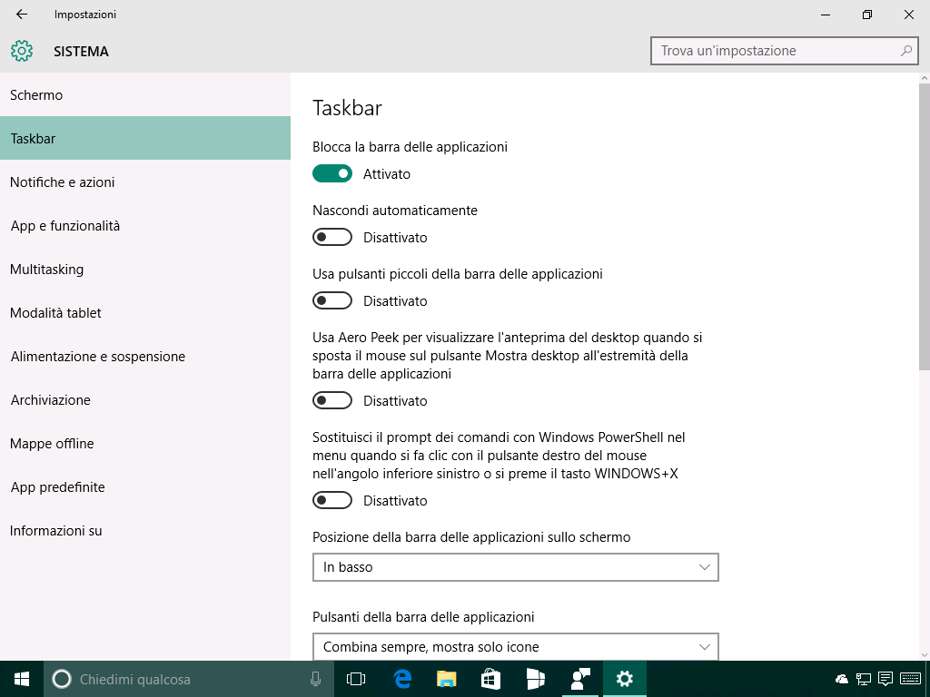Taskbar - Impostazioni