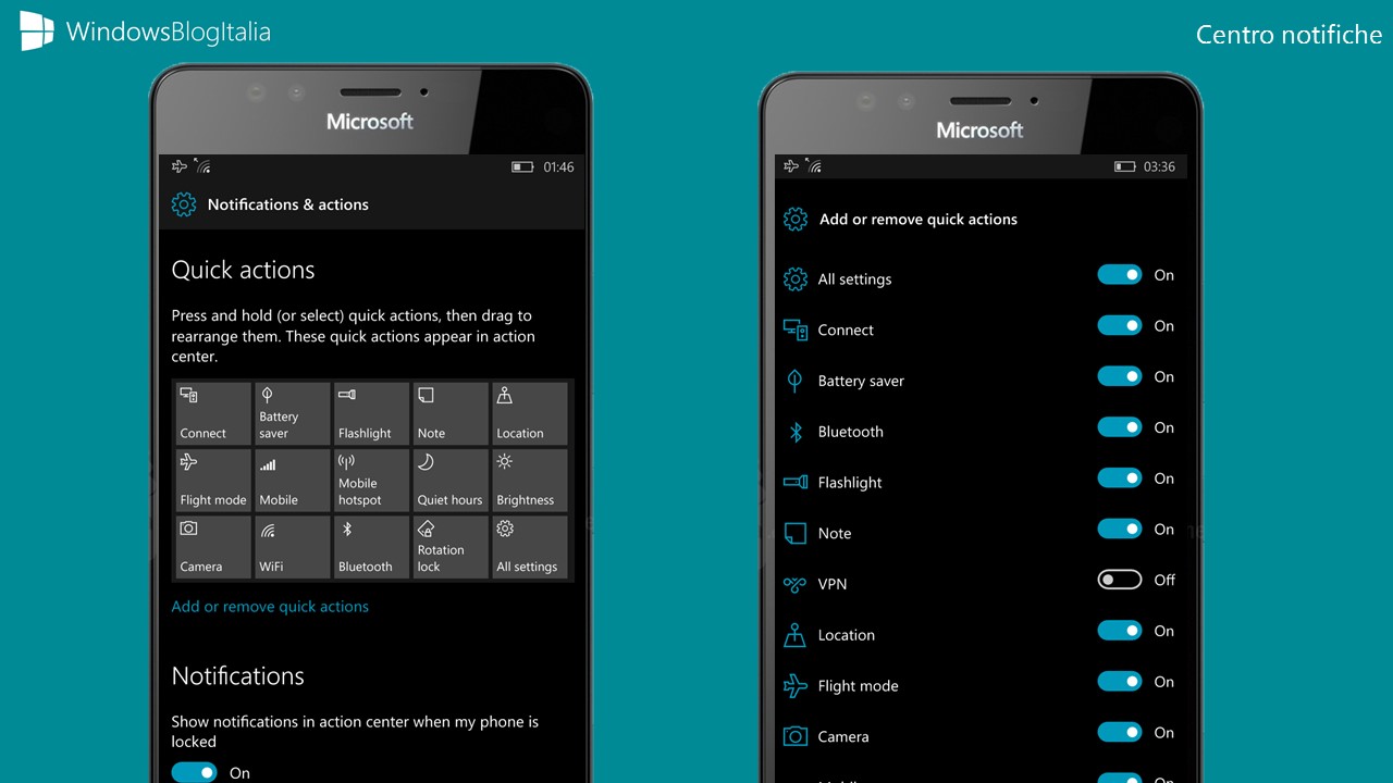 Action center - Centro notifiche - Azioni rapide - Windows 10 Mobile Redstone