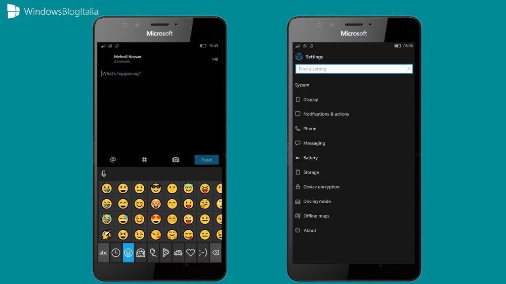 emoji e impostazioni Windows 10 Mobile Redstone