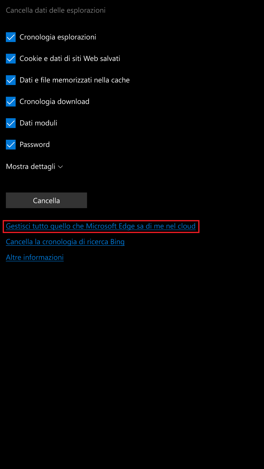 Microsoft Edge - Windows 10 Mobile - dati nel cloud