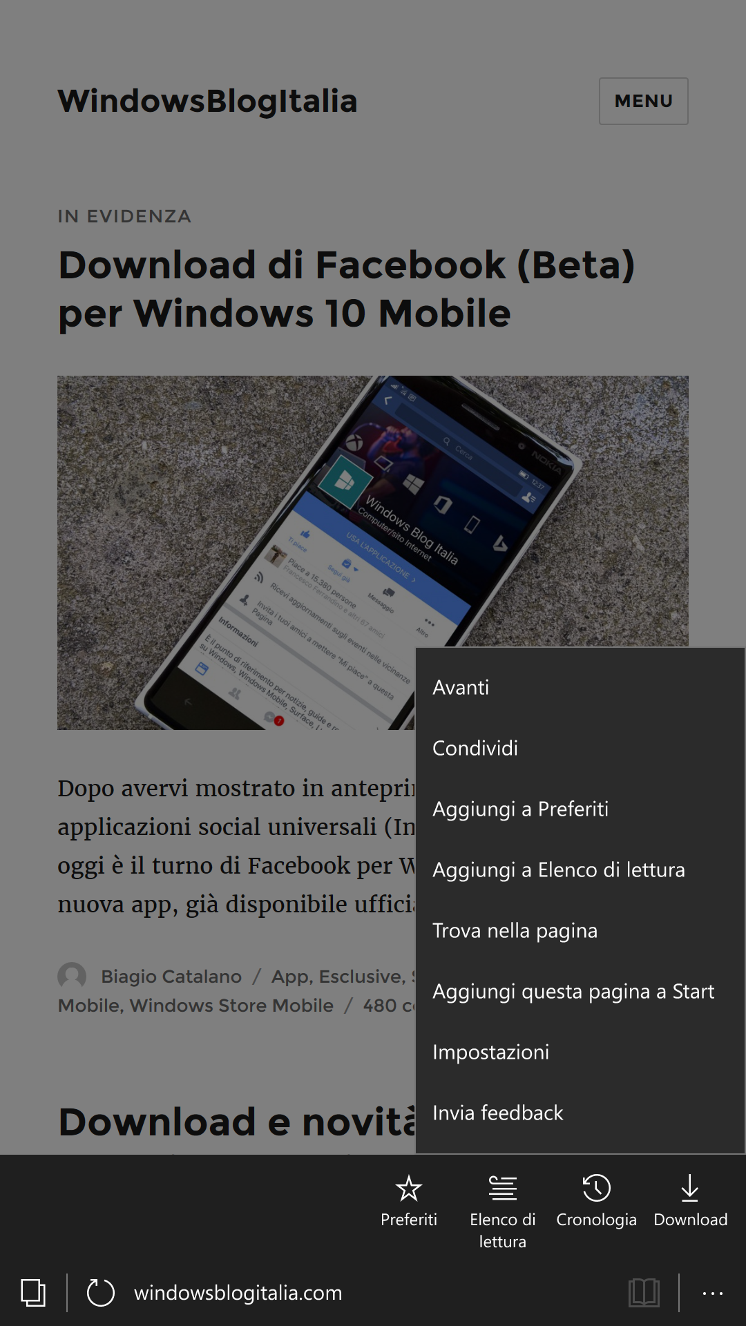 Microsoft Edge - Windows 10 Mobile - menu