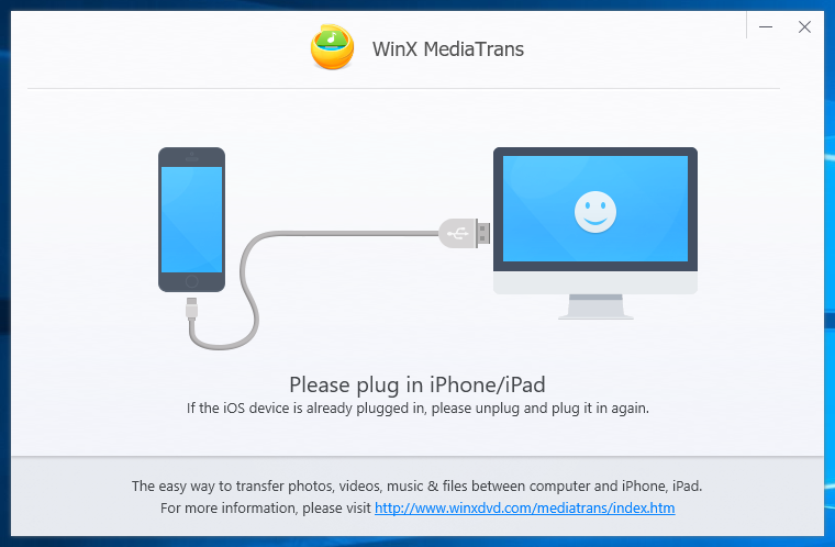WinX MediaTrans - Schermata che invita a collegare un dispositivo