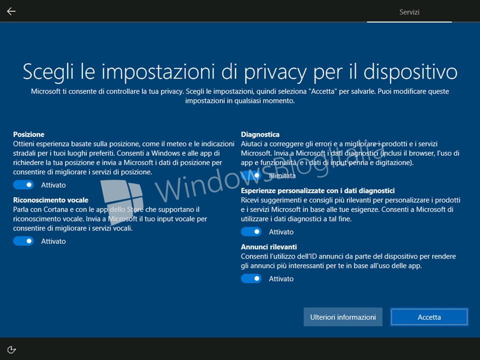 Nuove impostazioni della privacy nella schermata OOBE di Windows 10 Creators Update