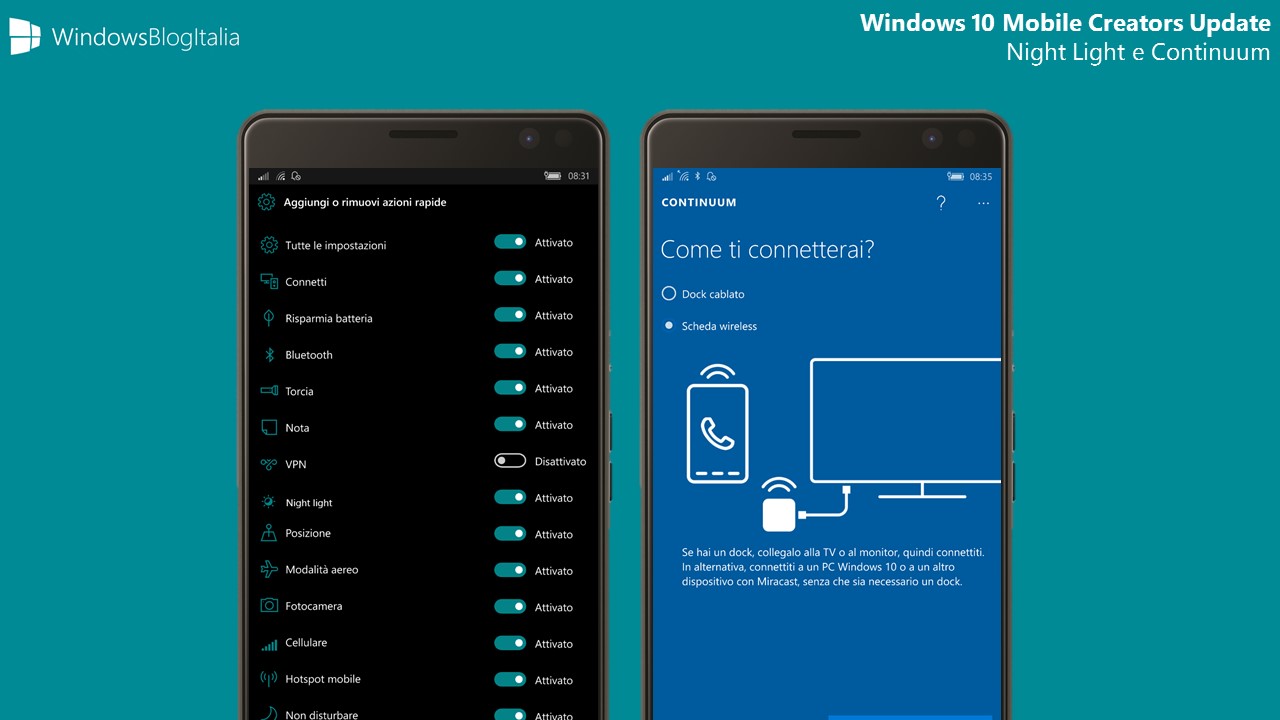 Night Light - Luce notturna - e Continuum in Windows 10 Mobile