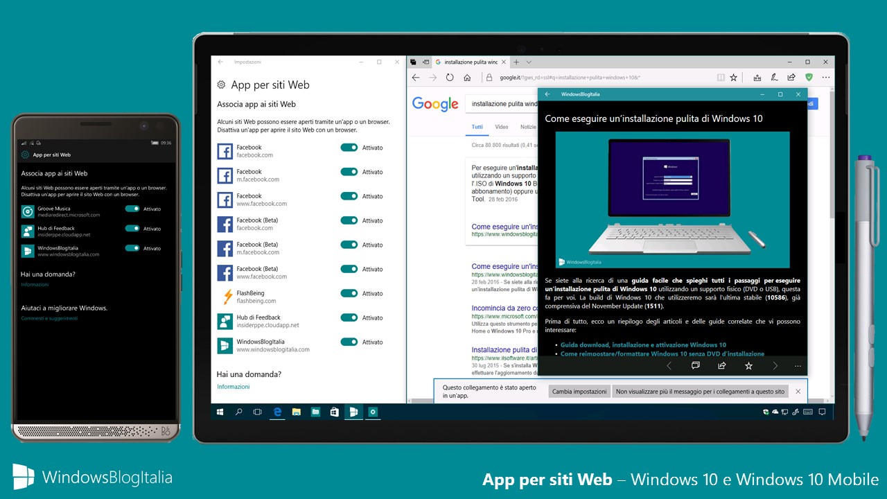 App per siti Web - Windows 10 e Windows 10 Mobile