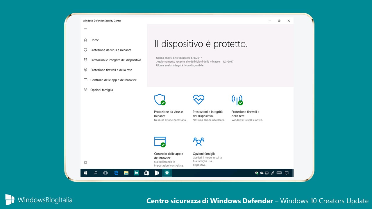 Centro sicurezza di Windows Defender - Windows 10 Creators Update