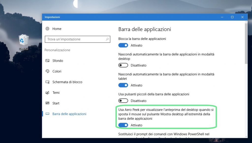 Impostazioni Barra applicazioni Aero Peek