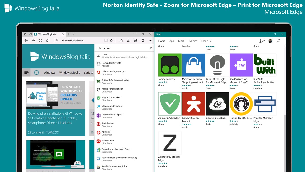 Norton Identity Safe, Zoom e Print - Microsoft Edge