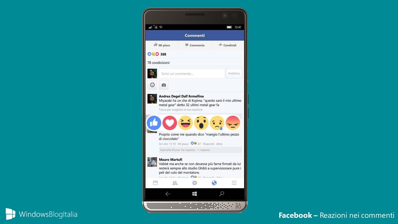 Facebook - Reazioni nei commenti