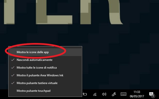 Mostra icone sulla taskbar