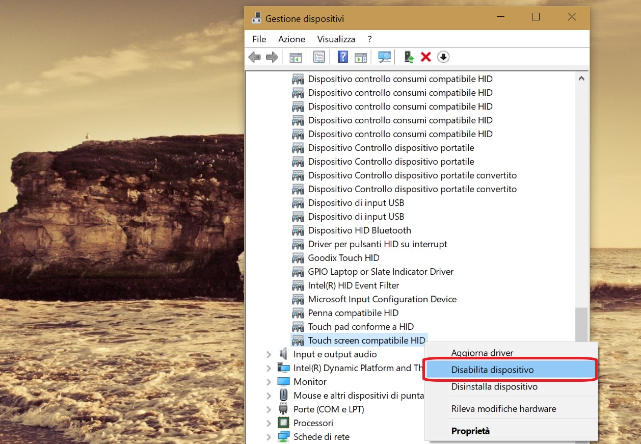 Gestione dispositivi disabilita touch screen
