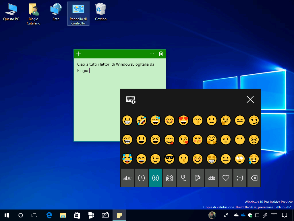 Pannello emoji - Windows 10 Build 16226