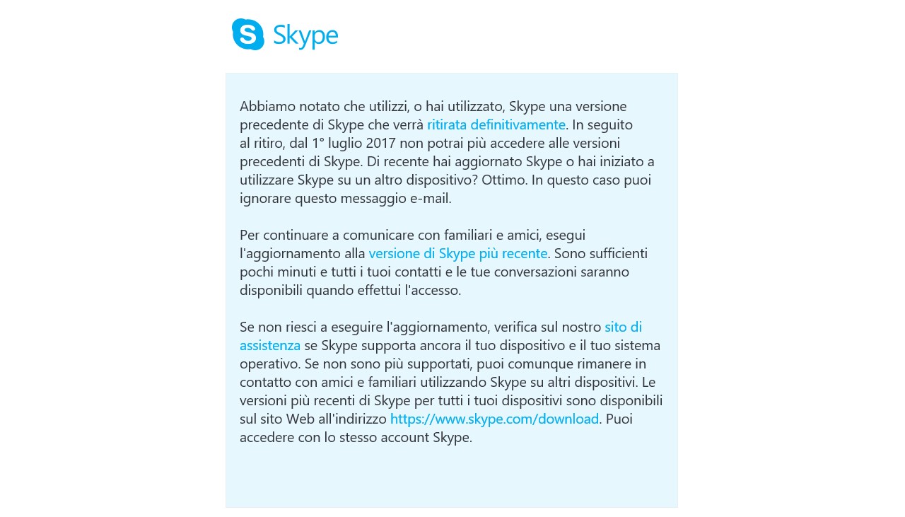 Skype accesso non disponibile vecchie versioni email