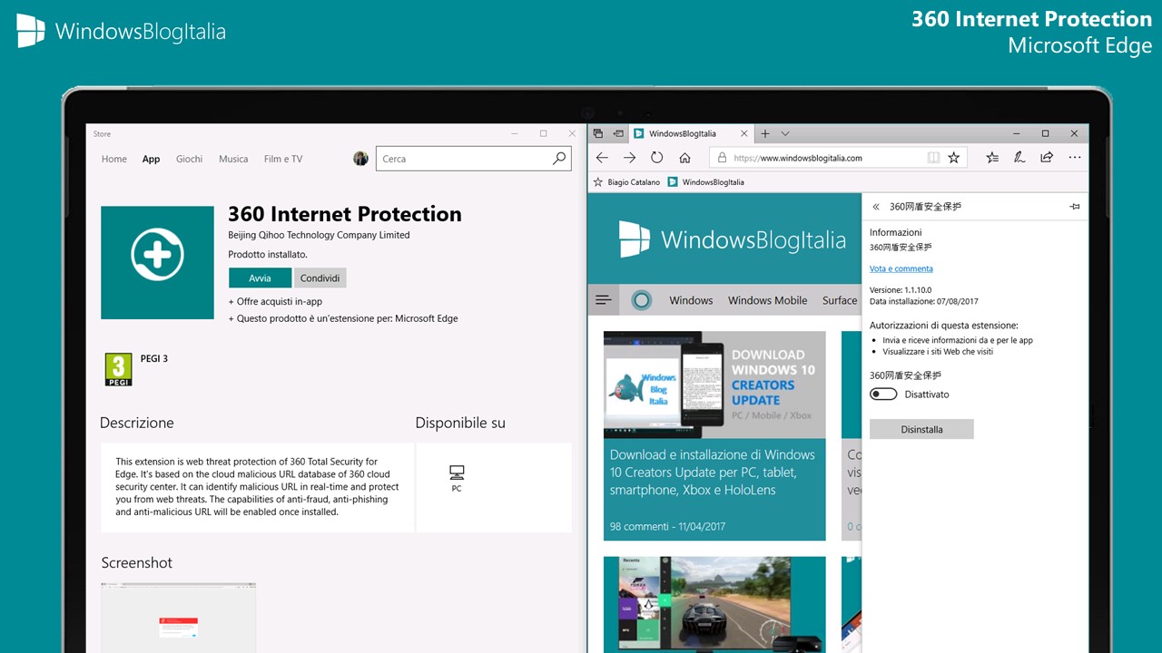 Disponibile l’estensione 360 Internet Protection per Microsoft Edge