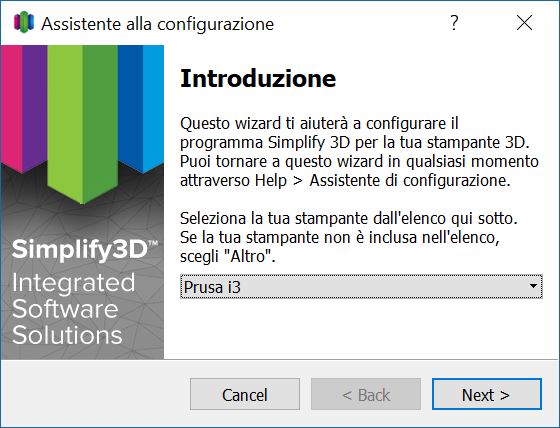 Assistente alla configurazione in Simplify3D