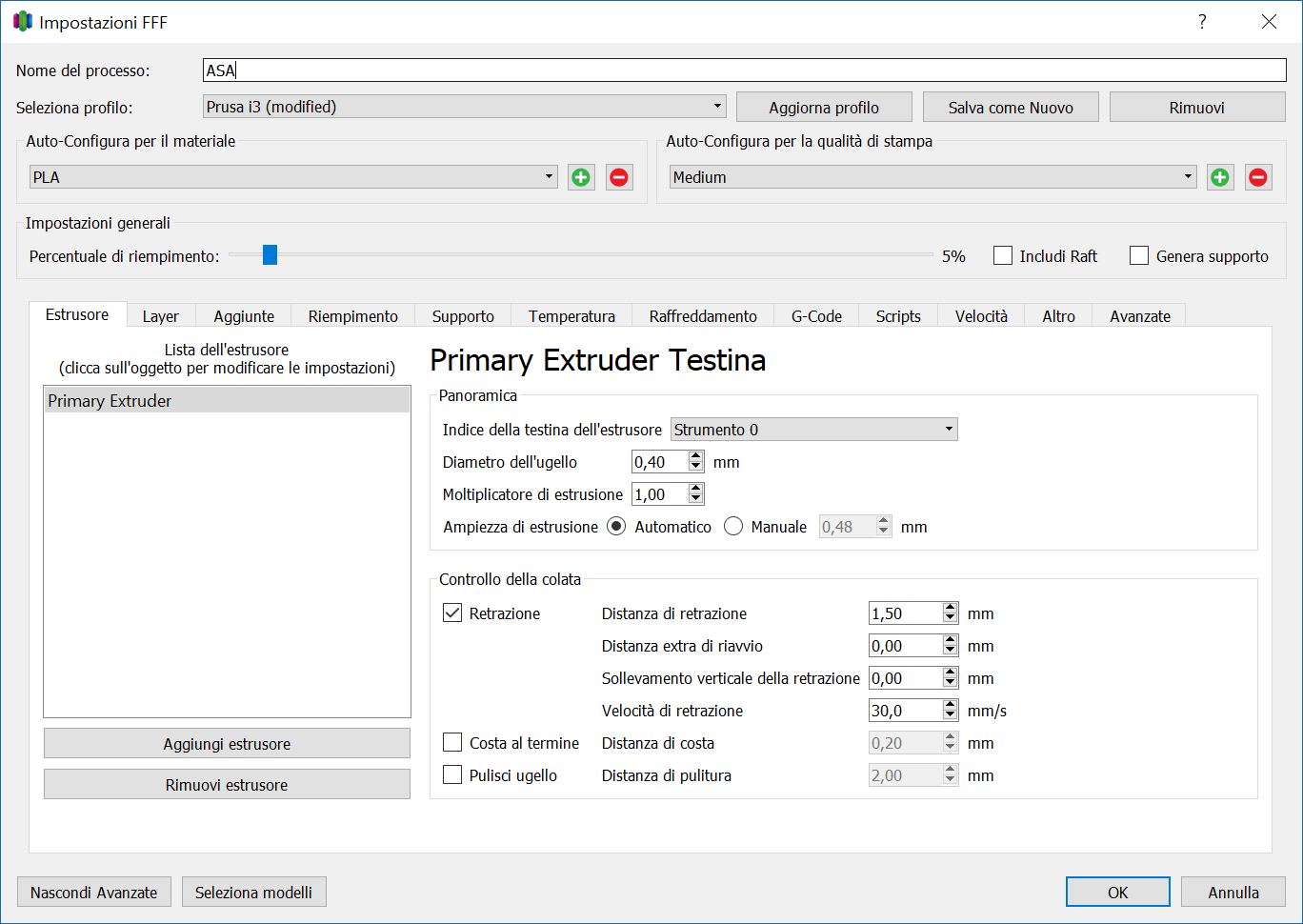 Impostazioni estrusore e retrazione in Simplify3D