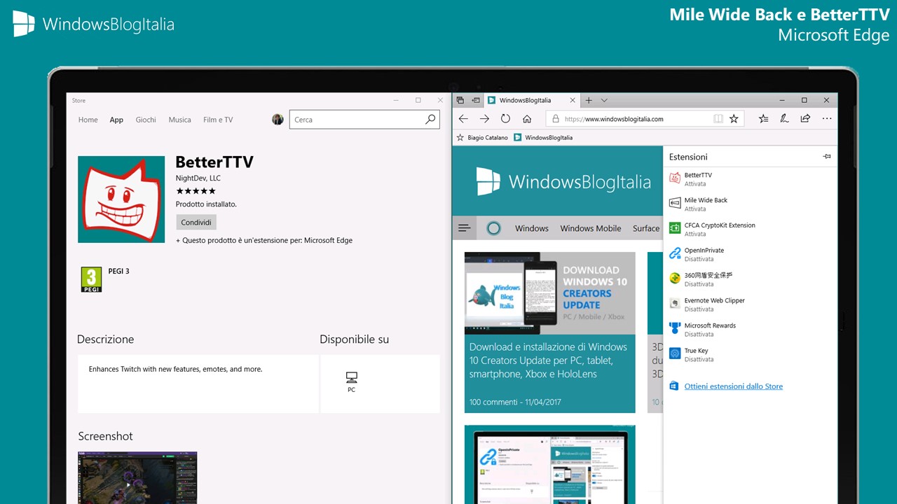 Mile Wide Back e BetterTTV, due nuove estensioni per Microsoft Edge