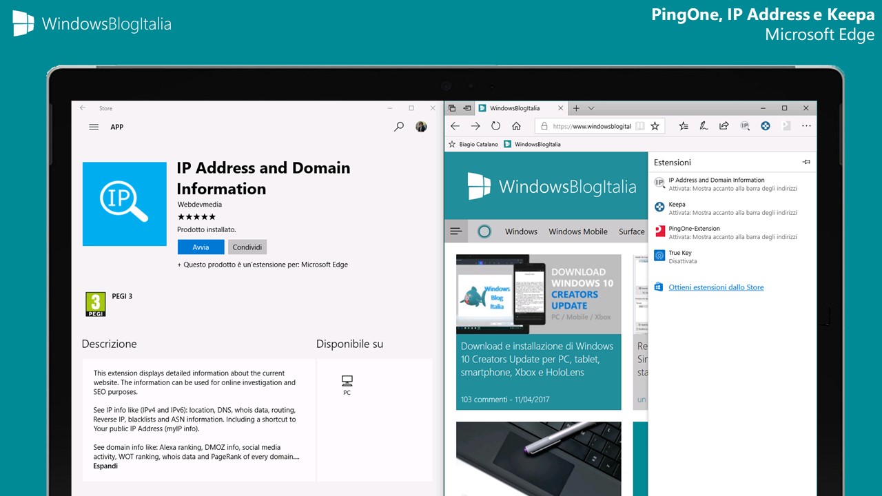 PingOne Extension, IP Address and Domain Information e Keepa per Microsoft Edge