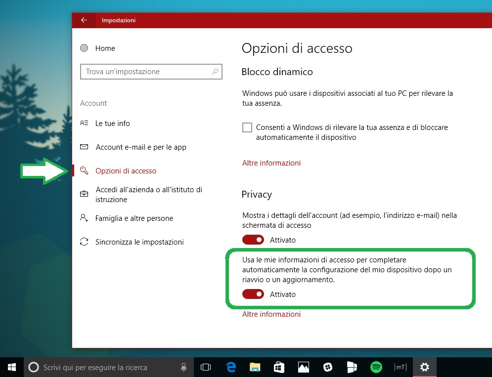 Disabilitare app aperte riavvio Windows 10 Fall Creators Update