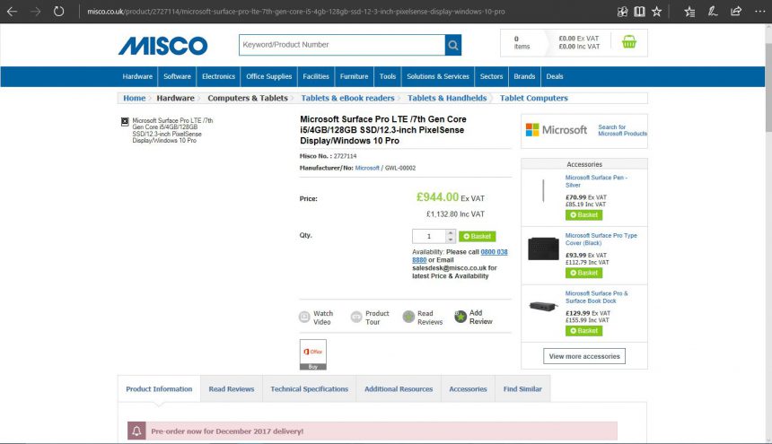 Misco preorders surface pro lte