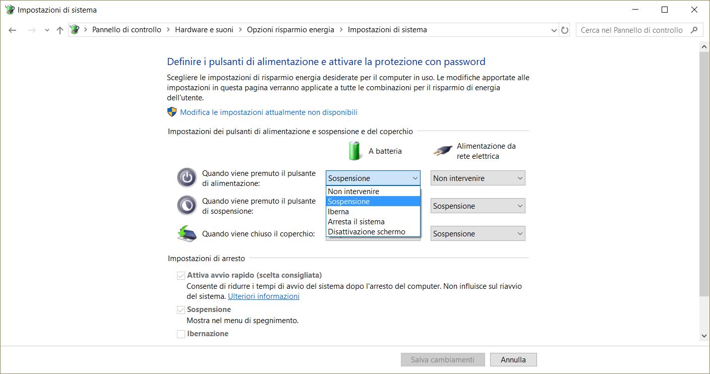 Tasto di accensione Windows 10