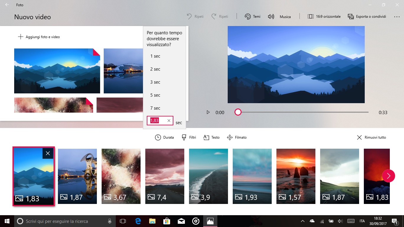 Story Remix Windows 10 Fall Creators Update editor durata clip