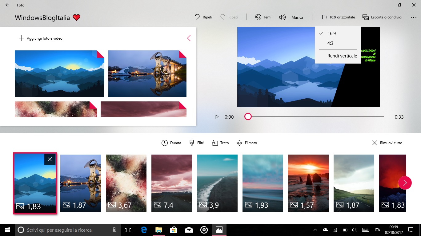 Story Remix Windows 10 Fall Creators Update proporzioni immagine