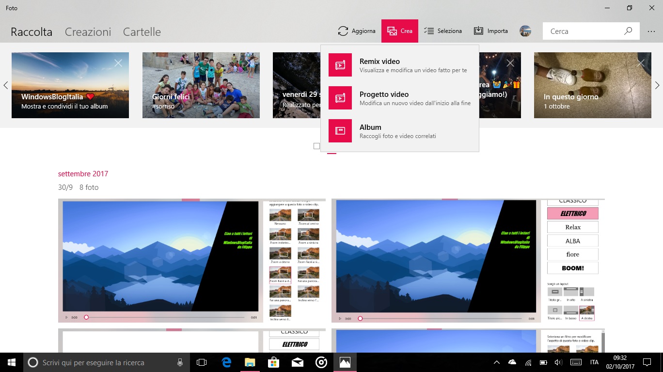 Story Remix Windows 10 Fall Creators Update pulsante Crea