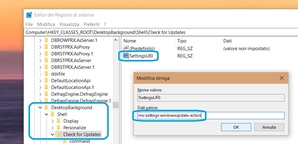 Editor registro di sistema Windows Update menu contestuale 3