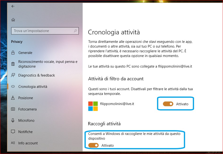 Come disattivare Sequenza temporale timeline Windows 10 impostazioni