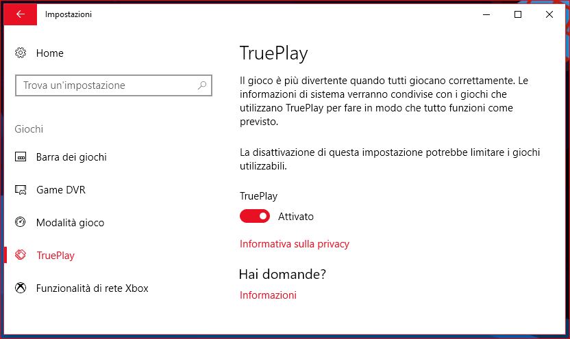 Microsoft TruePlay Impostazioni Windows 10 FCU