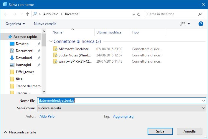 salvataggio ricerca file modificati ieri