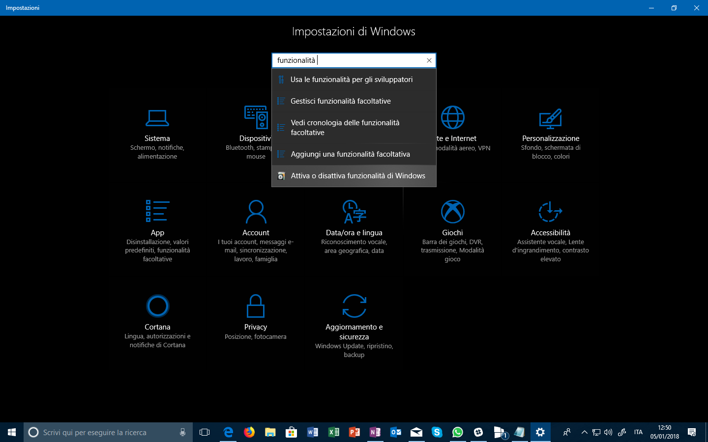 Aggiungi funzionalità Windows 10