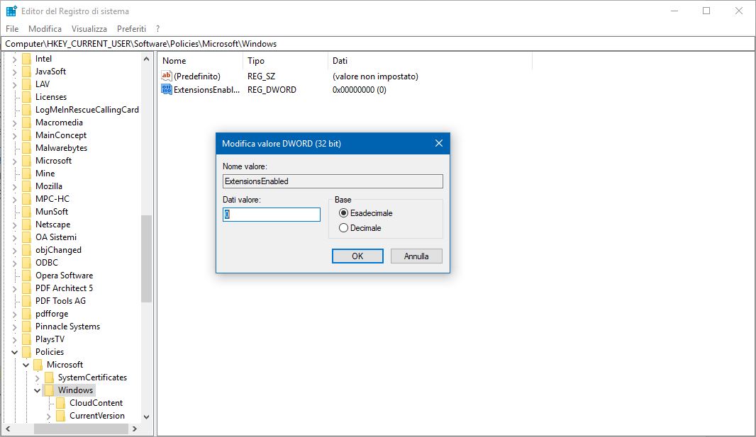 estensioni edge disabilitare dal registro widnows 10