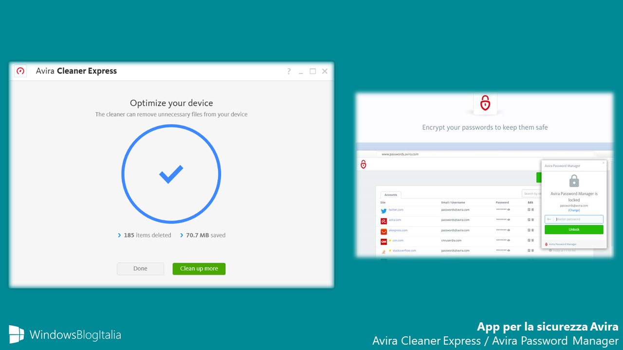 Avira app Windows 10 sicurezza Avira Password Manager Avira Cleaner Express