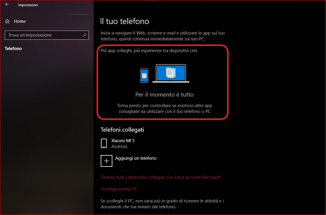 Sincronizzazione telefono Windows 10